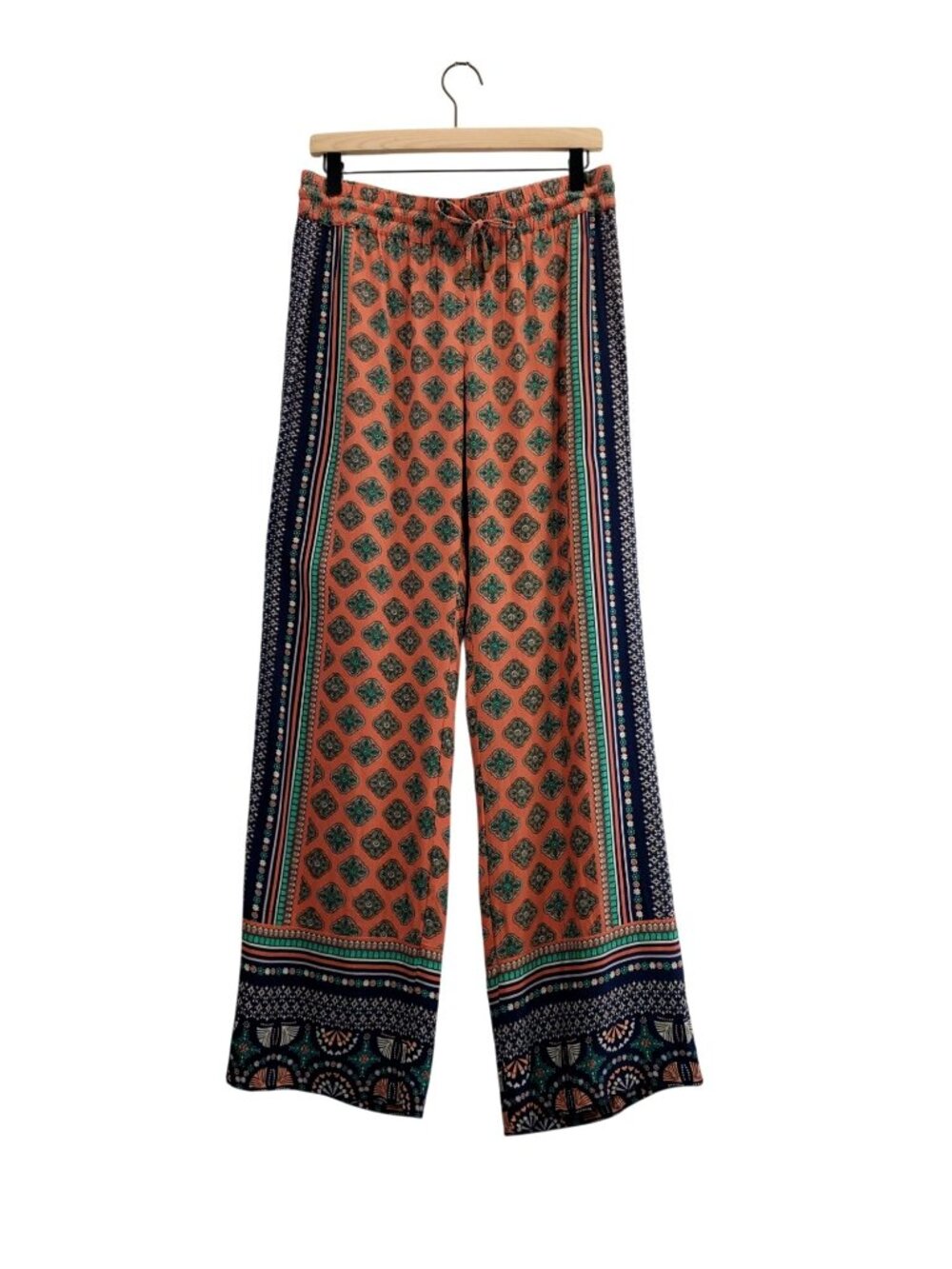 Boho Pants Wide Leg L KENAR Coral-Peach Navy Side Panels Medallion Print Hippie